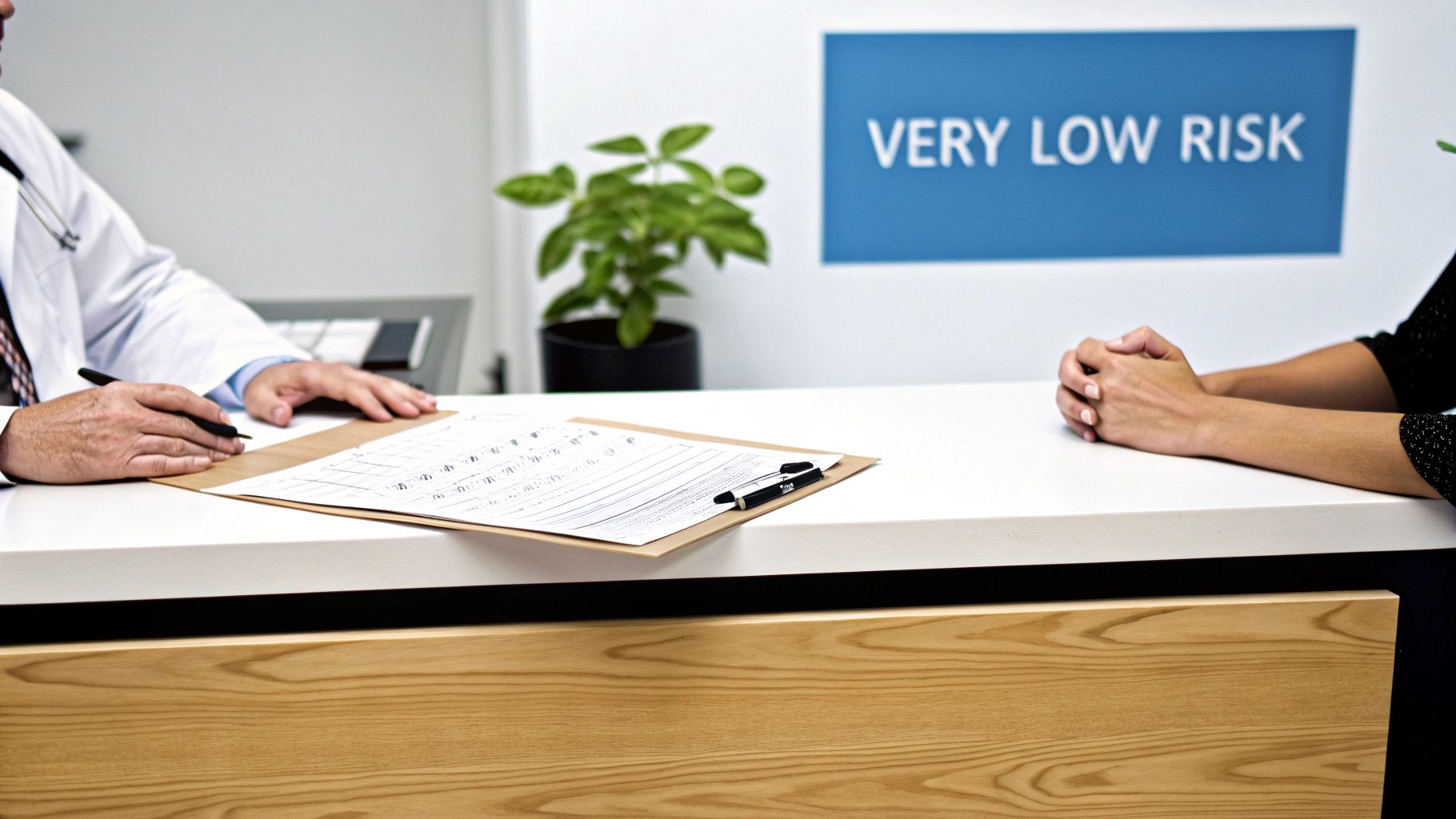 A medical professional consults with a patient across a desk, with a 