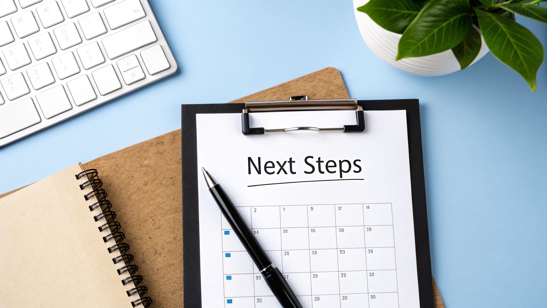 Overhead shot of a blue desk with a clipboard displaying 'Next Steps' and a calendar, a pen, keyboard, notebook, and plant.