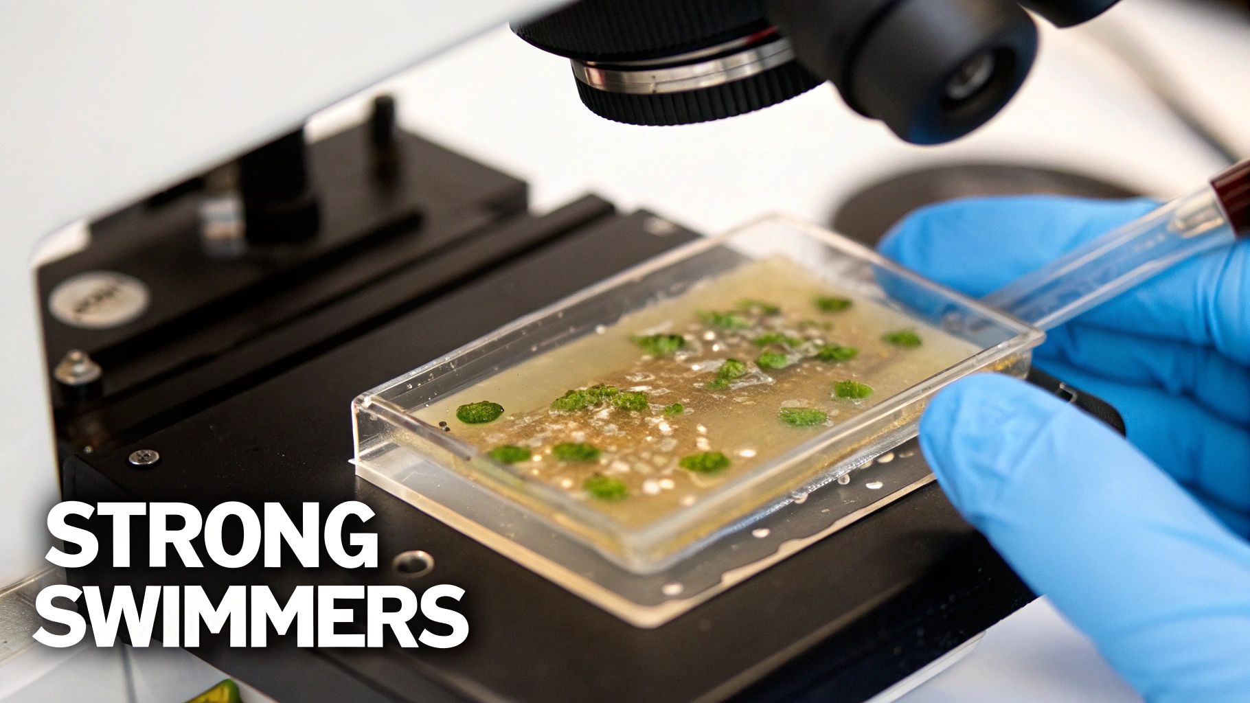 A gloved hand adds liquid to a petri dish containing a brown solution and green clumps under a microscope.