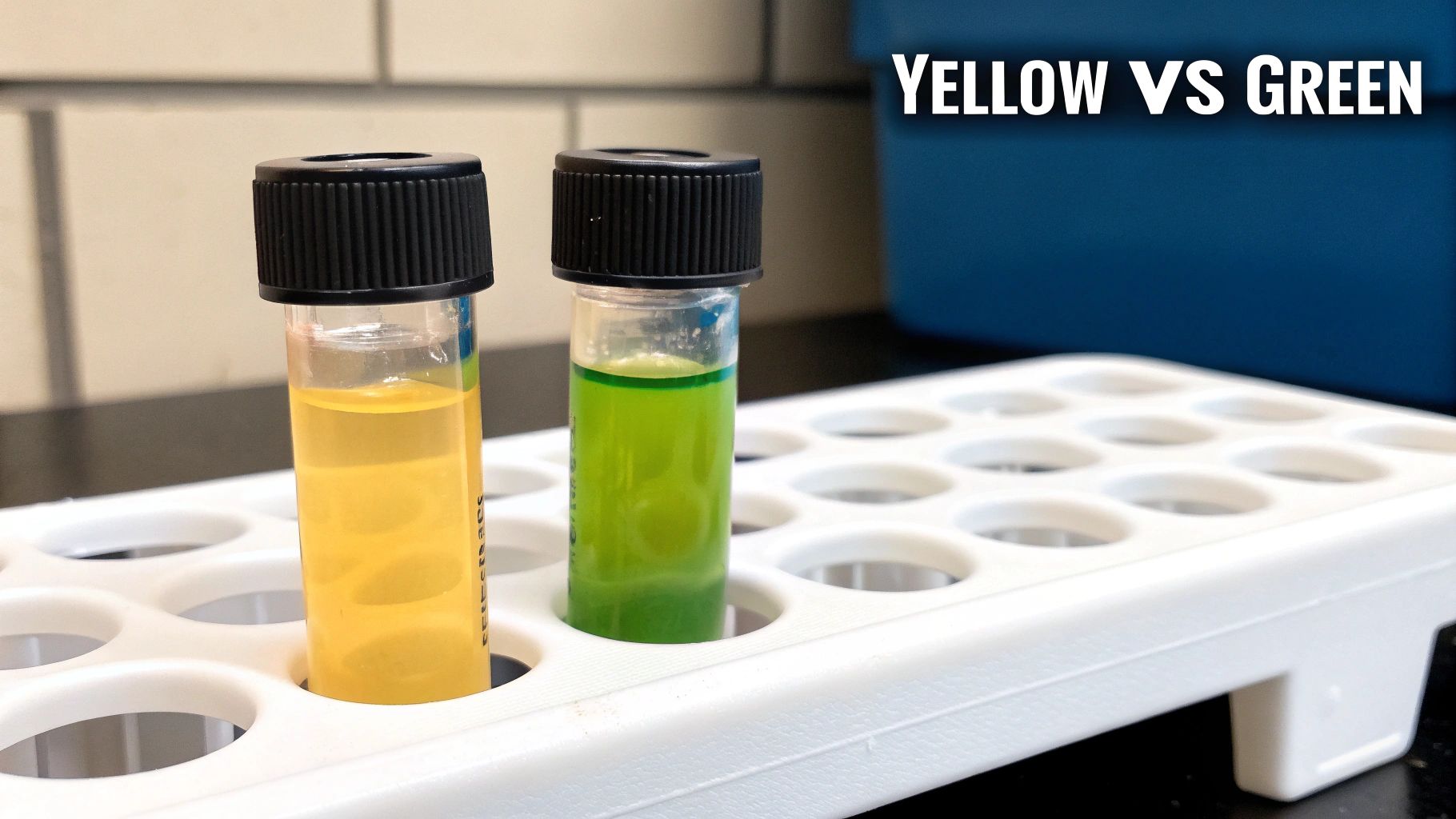Two test tubes containing yellow and green liquids, placed side-by-side in a white lab rack, contrasting colors.