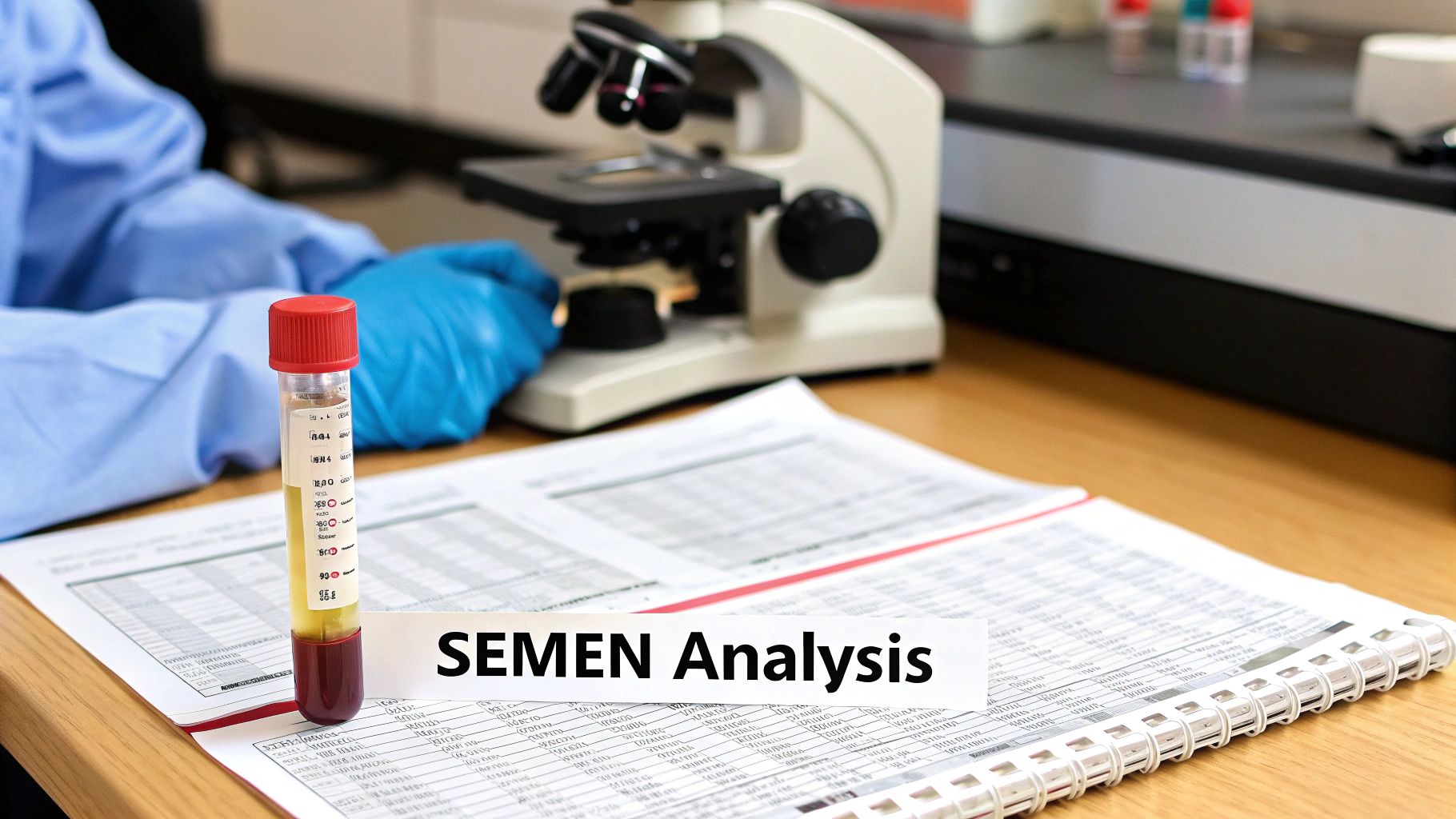 A lab technician performing semen analysis with a test tube, microscope, and data sheets.
