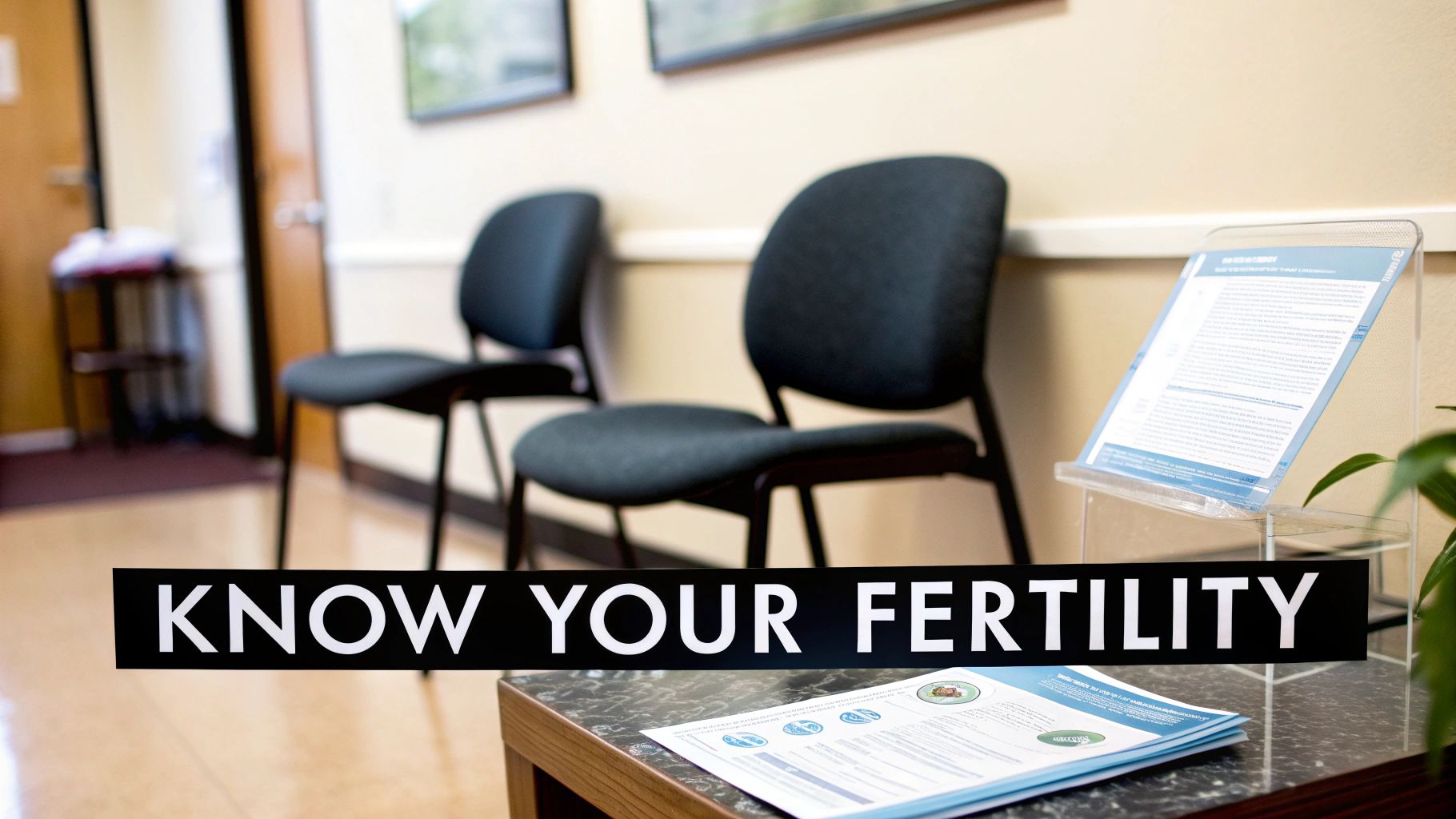 A waiting room scene with black chairs, a table displaying fertility brochures, and the text 'KNOW YOUR FERTILITY'.