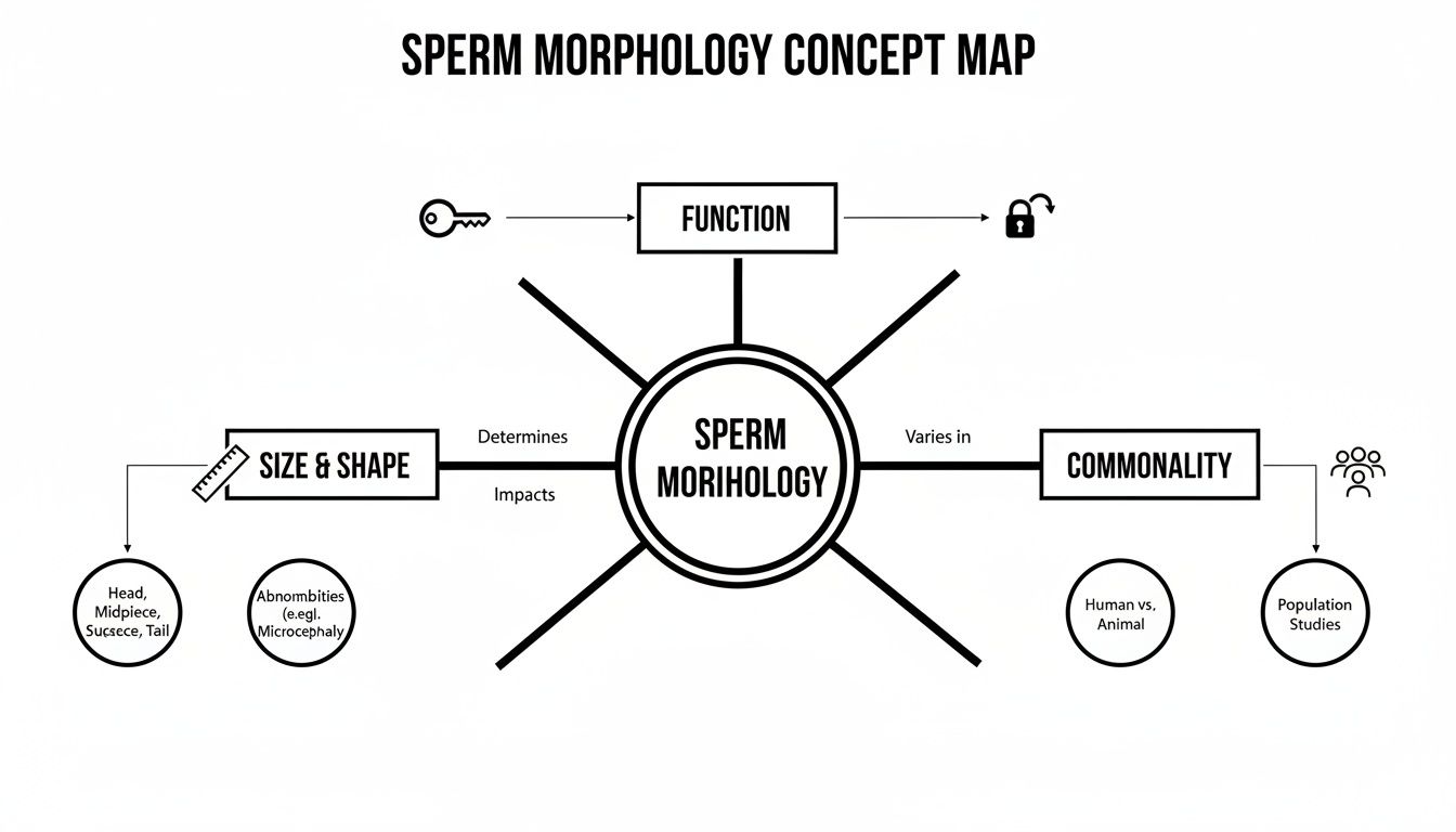 A concept map illustrating sperm morphology, its function, size, shape, and commonality in human and animal studies.
