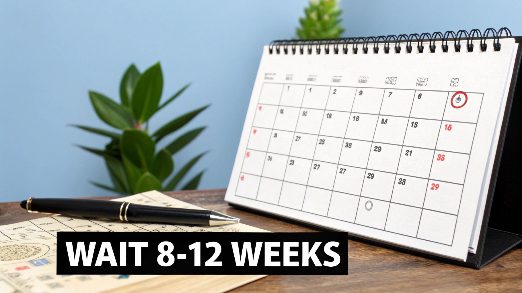 A desk calendar with a circled date, a pen, and the text 'WAIT 8-12 WEEKS'.