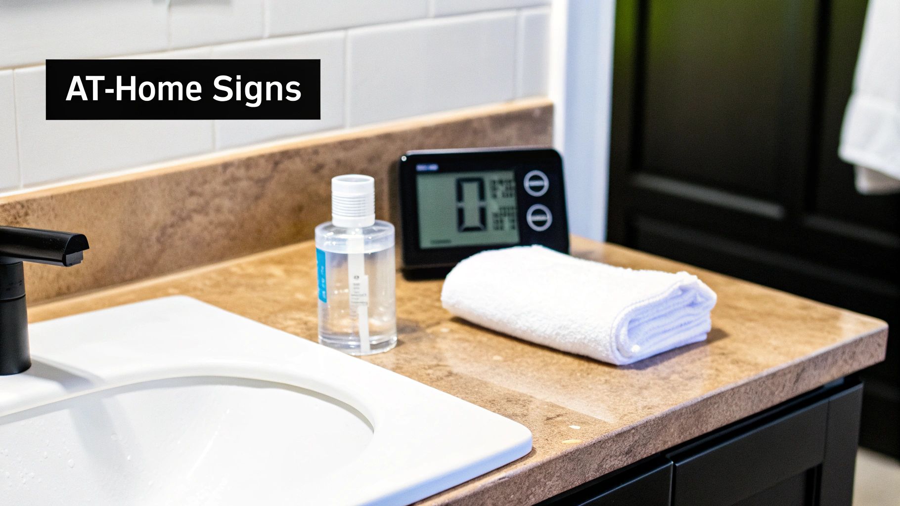 A clean bathroom counter with a white sink, black faucet, hand sanitizer bottle, and folded white towel.
