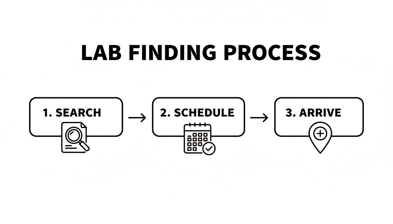 A diagram illustrating the lab finding process with three steps: search, schedule, and arrive, each with an icon.