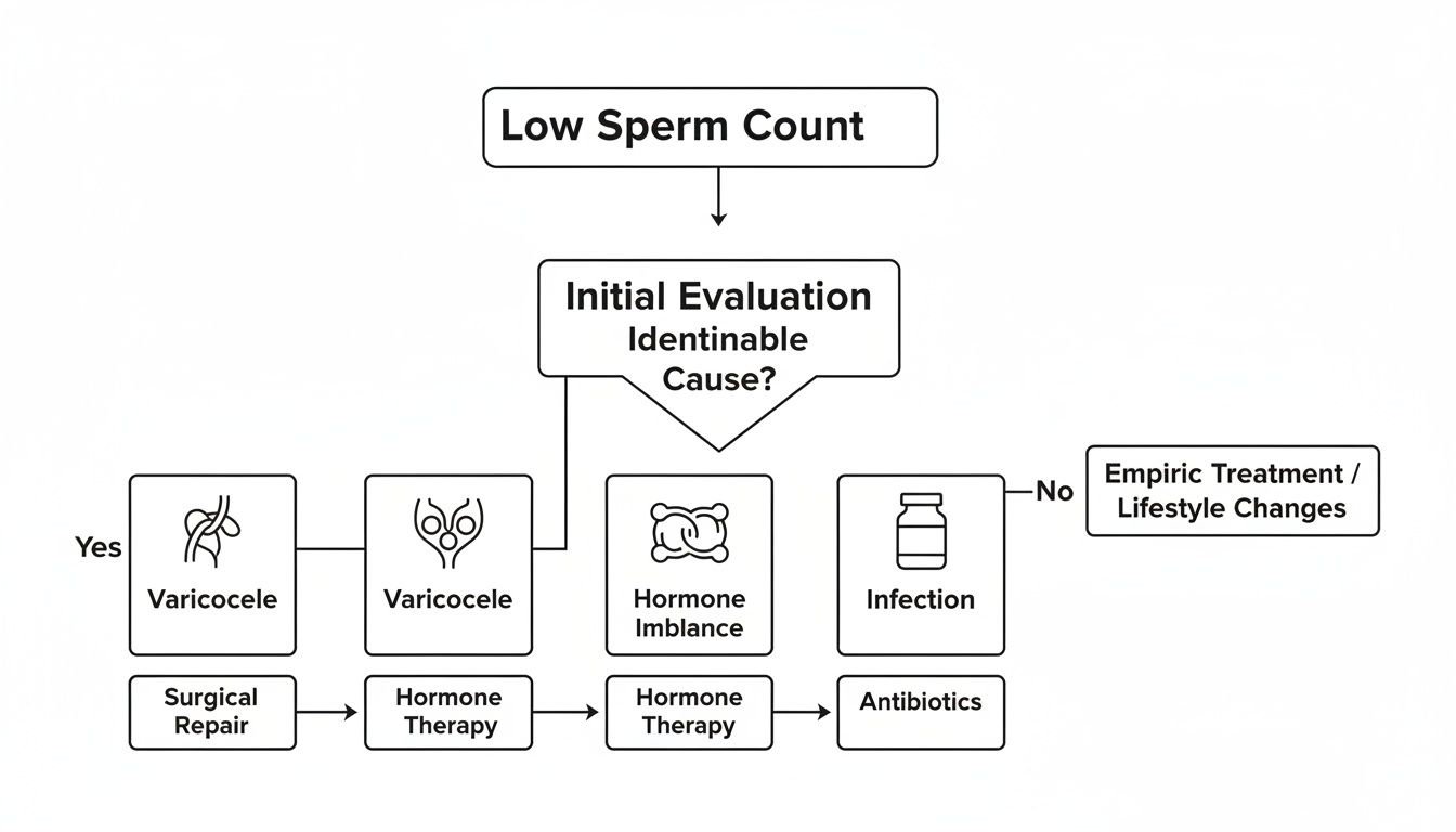 A medical flowchart explaining the evaluation and treatment options for low sperm count.