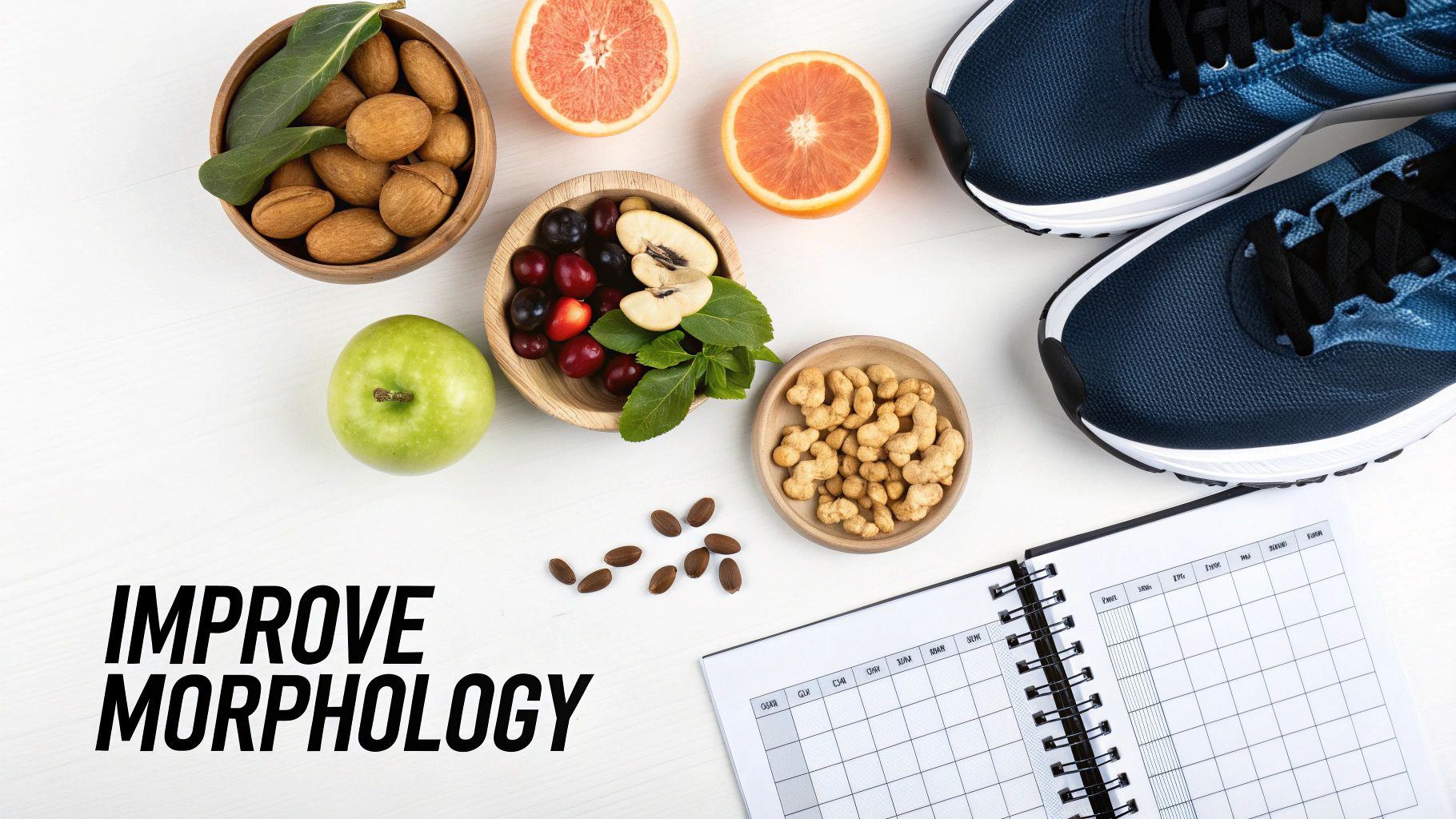 Healthy food like fruits and nuts, running shoes, and a fitness planner on a white table, promoting improved morphology.