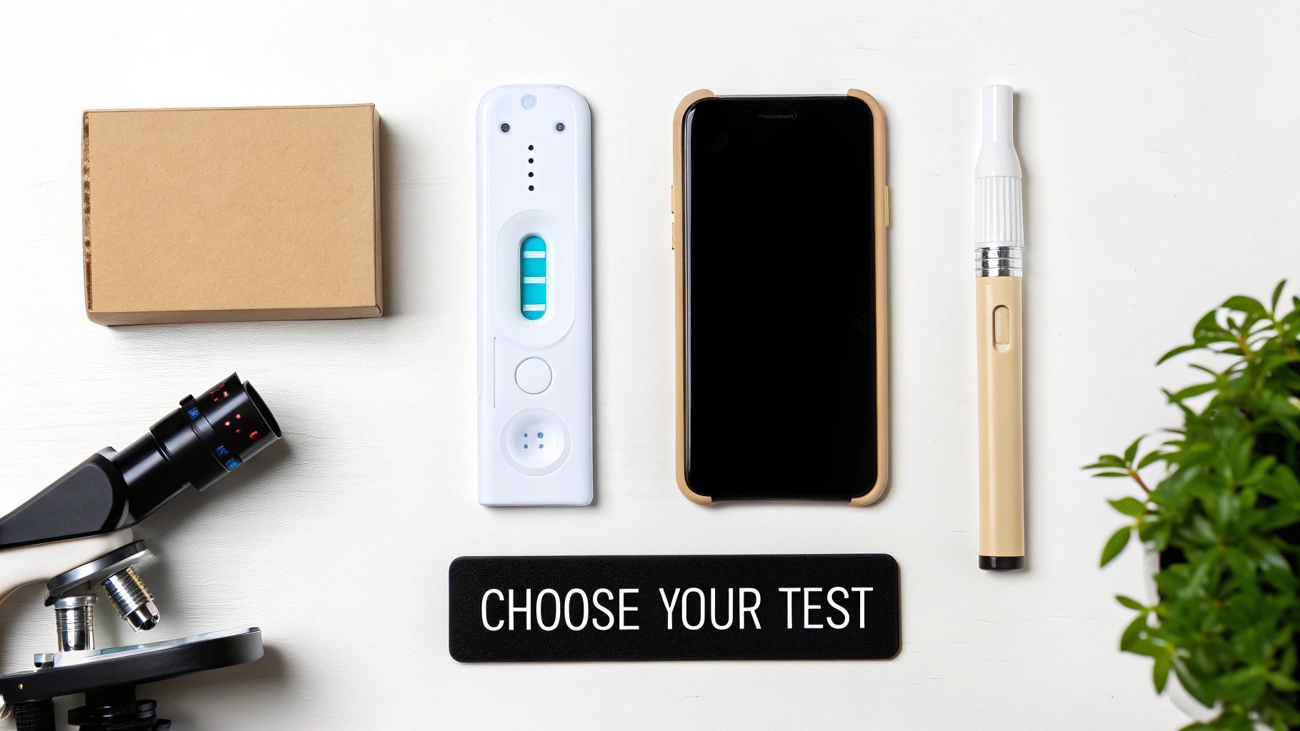 A flat lay of various items including a rapid test kit, smartphone, microscope, vape pen, and a 'CHOOSE YOUR TEST' sign.
