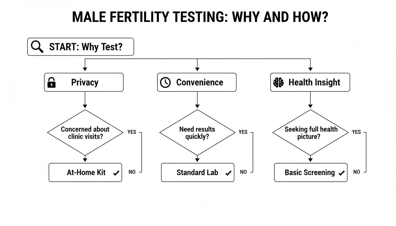 Flowchart explaining male fertility testing options based on privacy, convenience, and health insights.