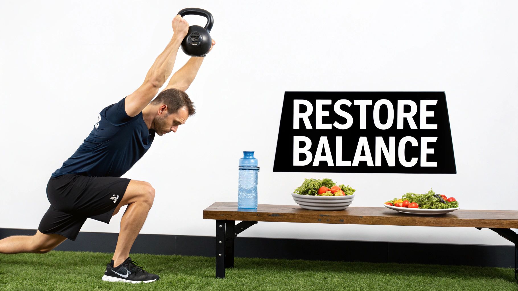 A man performing a lunge with a kettlebell, near a water bottle and healthy salads, with 'RESTORE BALANCE' text.