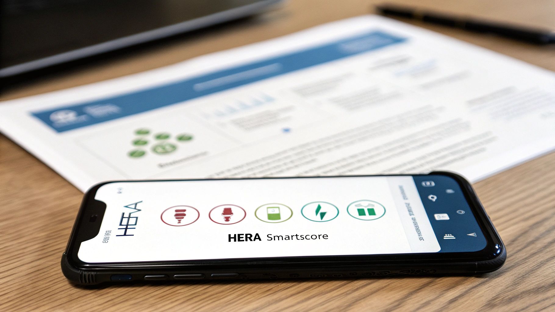 A smartphone displaying the 'HERA Smartscore' app with colorful icons on a wooden desk next to a blurred document.