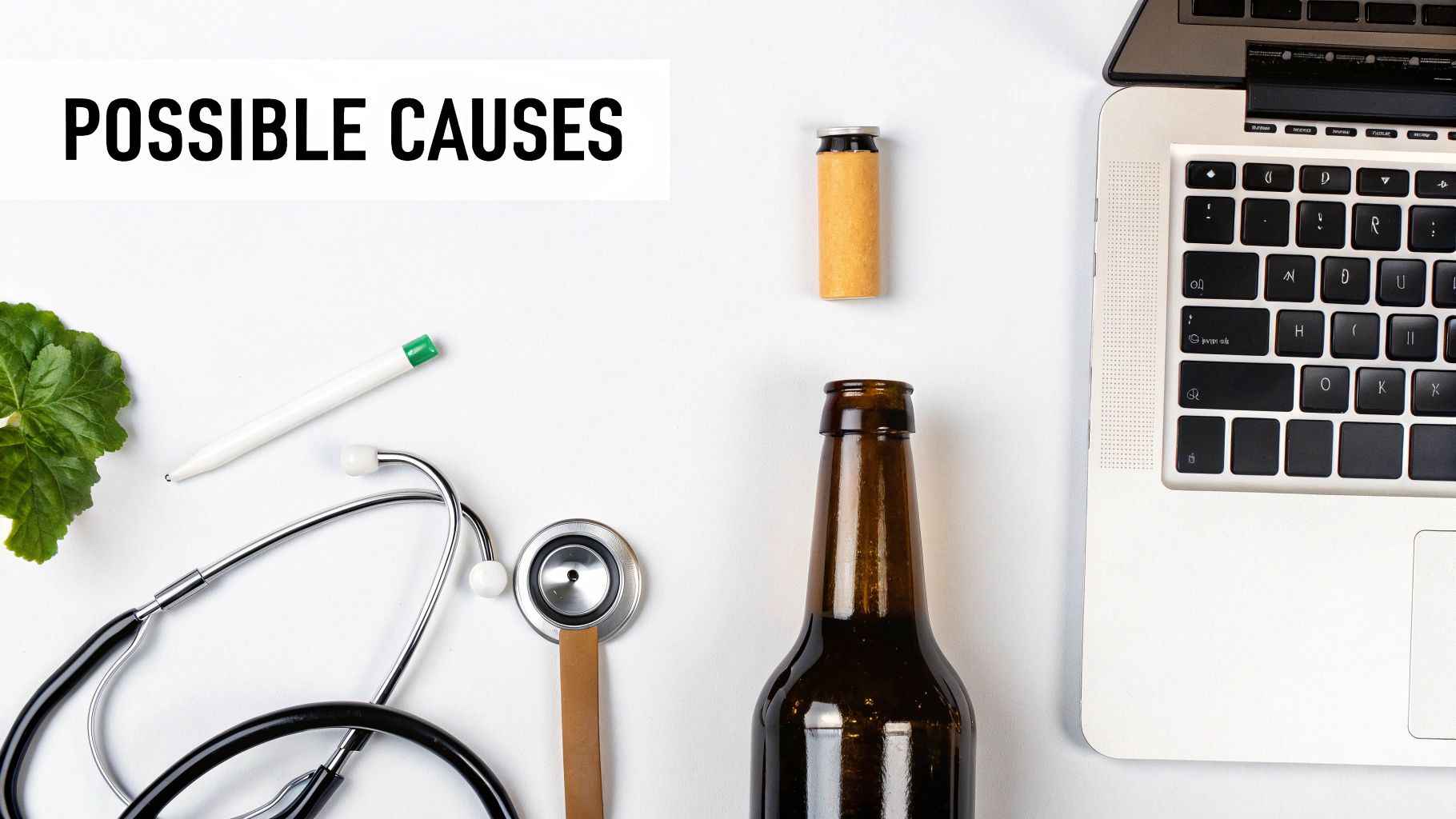A flat lay of medical tools, a laptop, a beer bottle, and a vape, captioned 'POSSIBLE CAUSES'.
