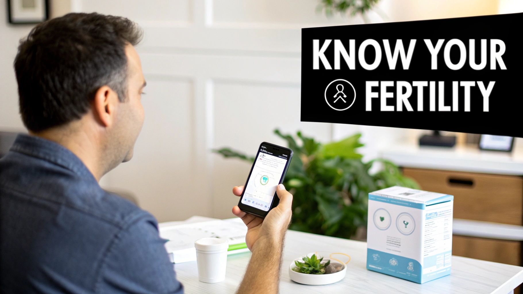 A man reviews a smartphone app with a fertility test kit and a 'Know Your Fertility' banner.