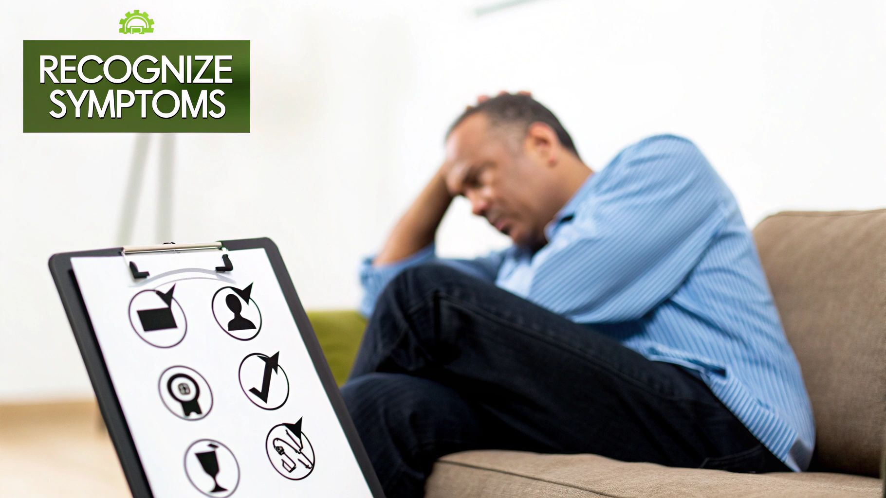 Distressed man on a couch, with a clipboard displaying symptom recognition icons in the foreground.