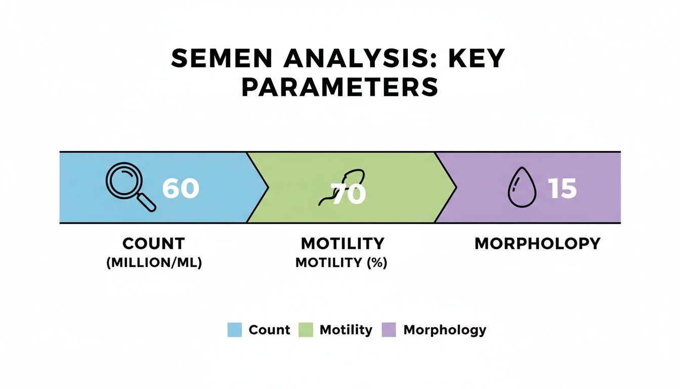 Infographic displaying key semen analysis parameters: count (60 million/mL), motility (70%), and morphology (15).