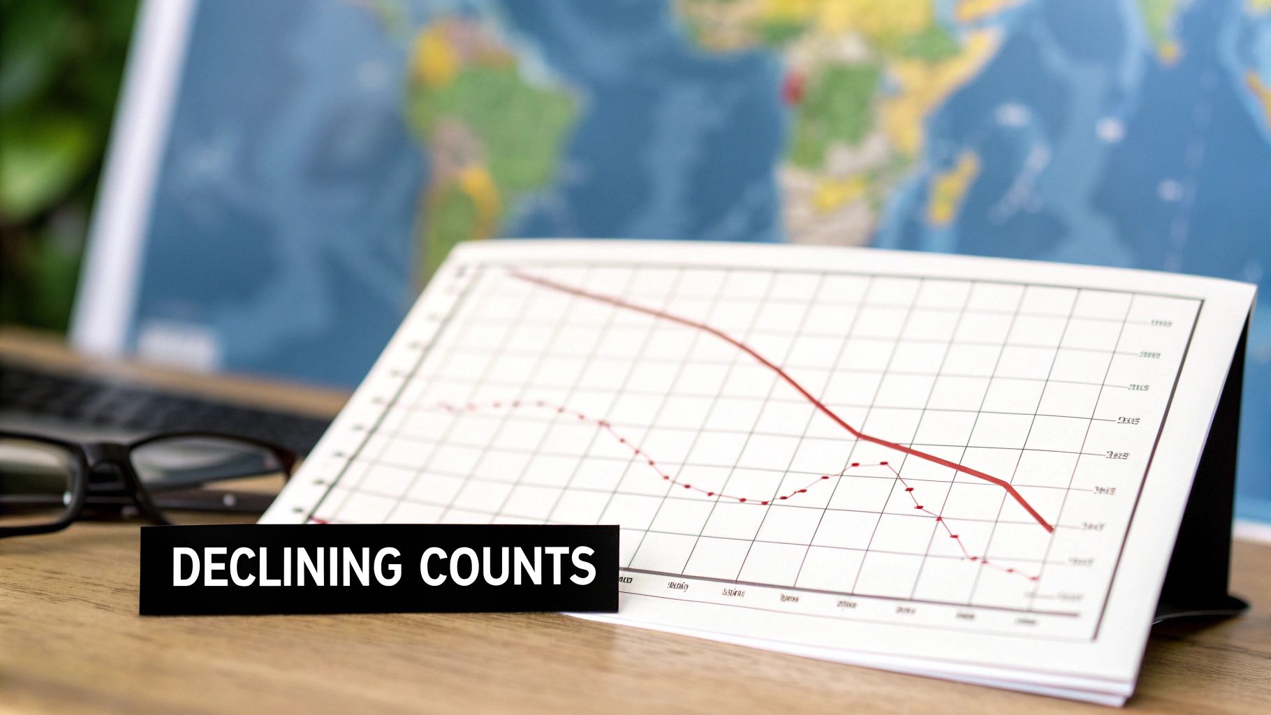 A printed graph showing two declining red lines on a desk, with a world map and glasses in the background.