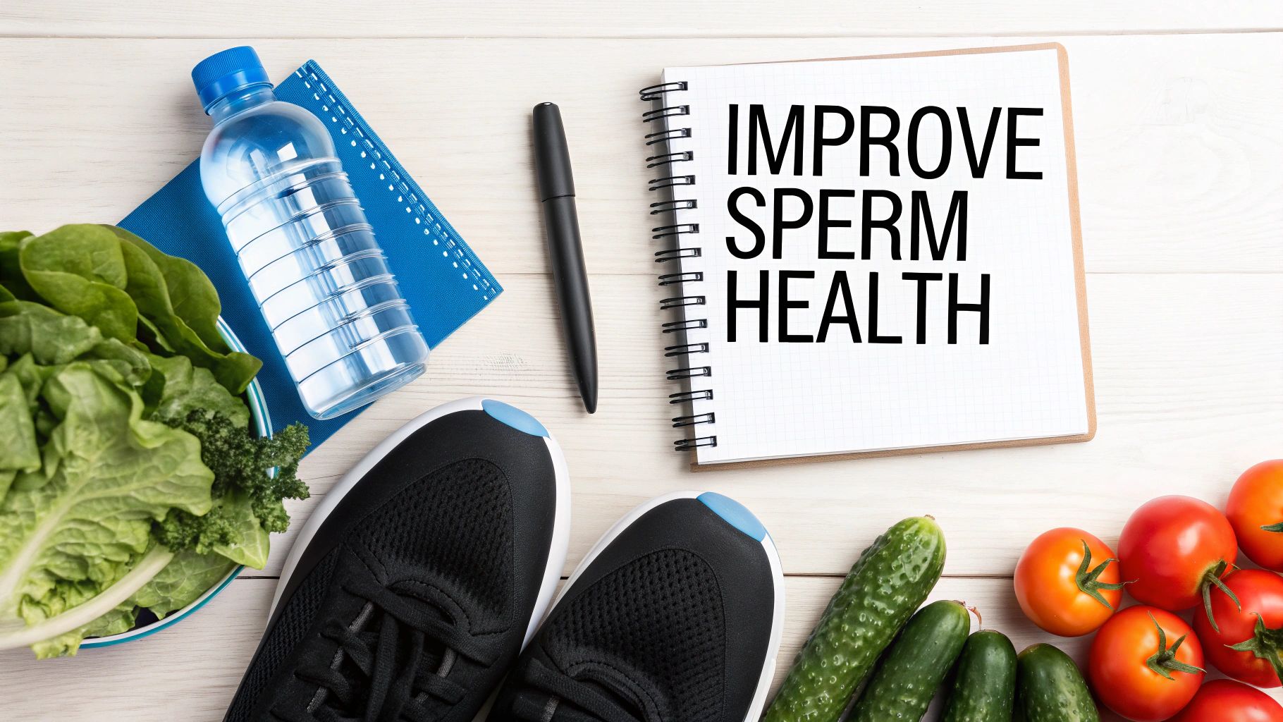 Flat lay of notebook with 'Improve Sperm Health' text, fresh vegetables, water, and running shoes.