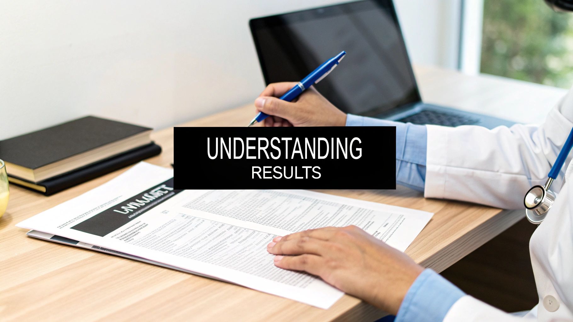 A doctor in a white coat reviews medical documents and test results at a desk, holding a pen.