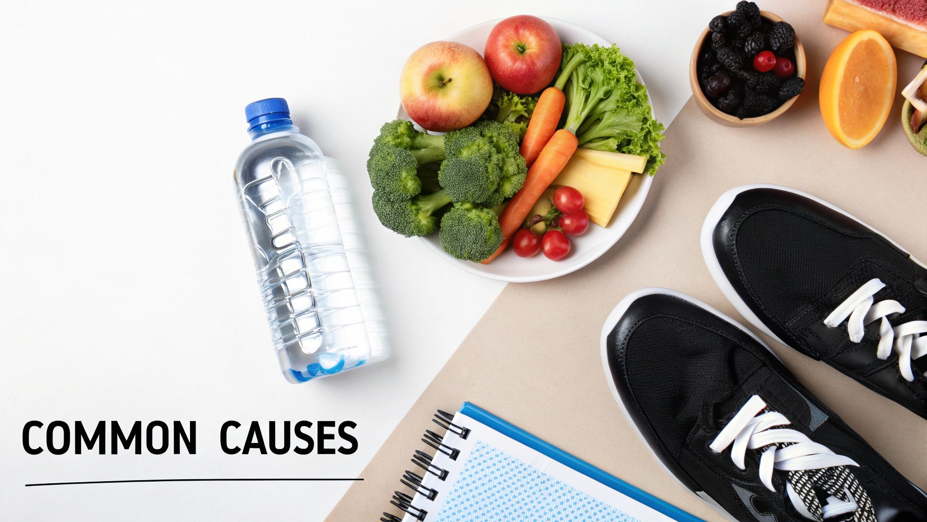 A flat lay of health essentials including a water bottle, fruits, vegetables, sneakers, and a notebook.