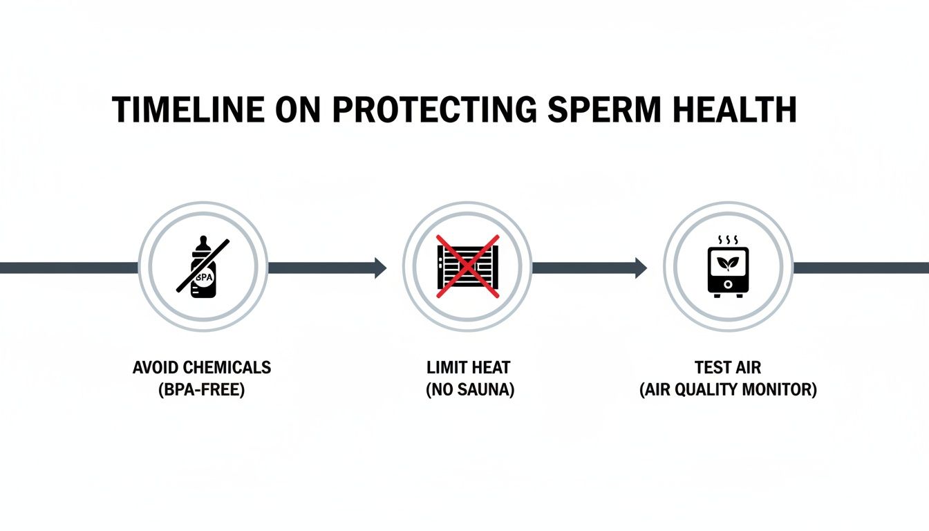 Timeline illustrating three key steps to protect sperm health: avoid chemicals, limit heat, and monitor air quality.