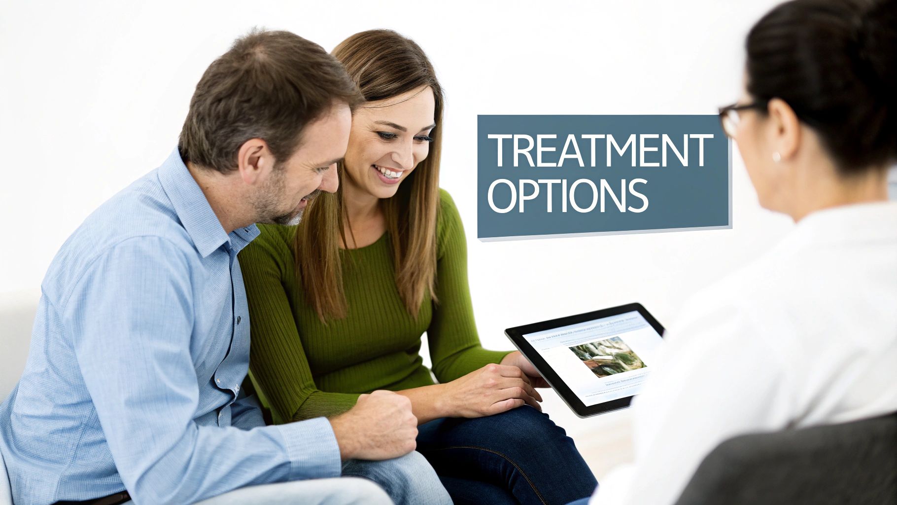 A smiling couple discusses treatment options with a healthcare professional, looking at information on a tablet.