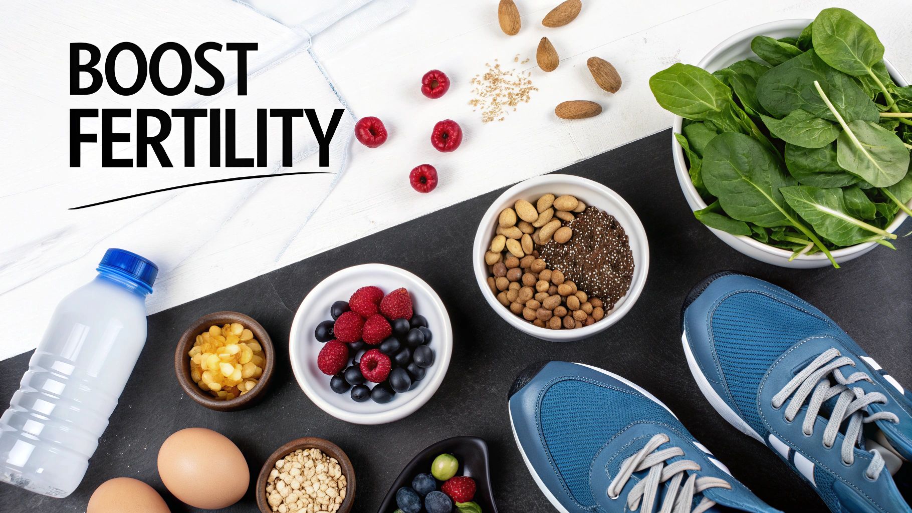 Healthy foods like berries, nuts, seeds, spinach, and athletic shoes promoting a diet and exercise plan to boost fertility.