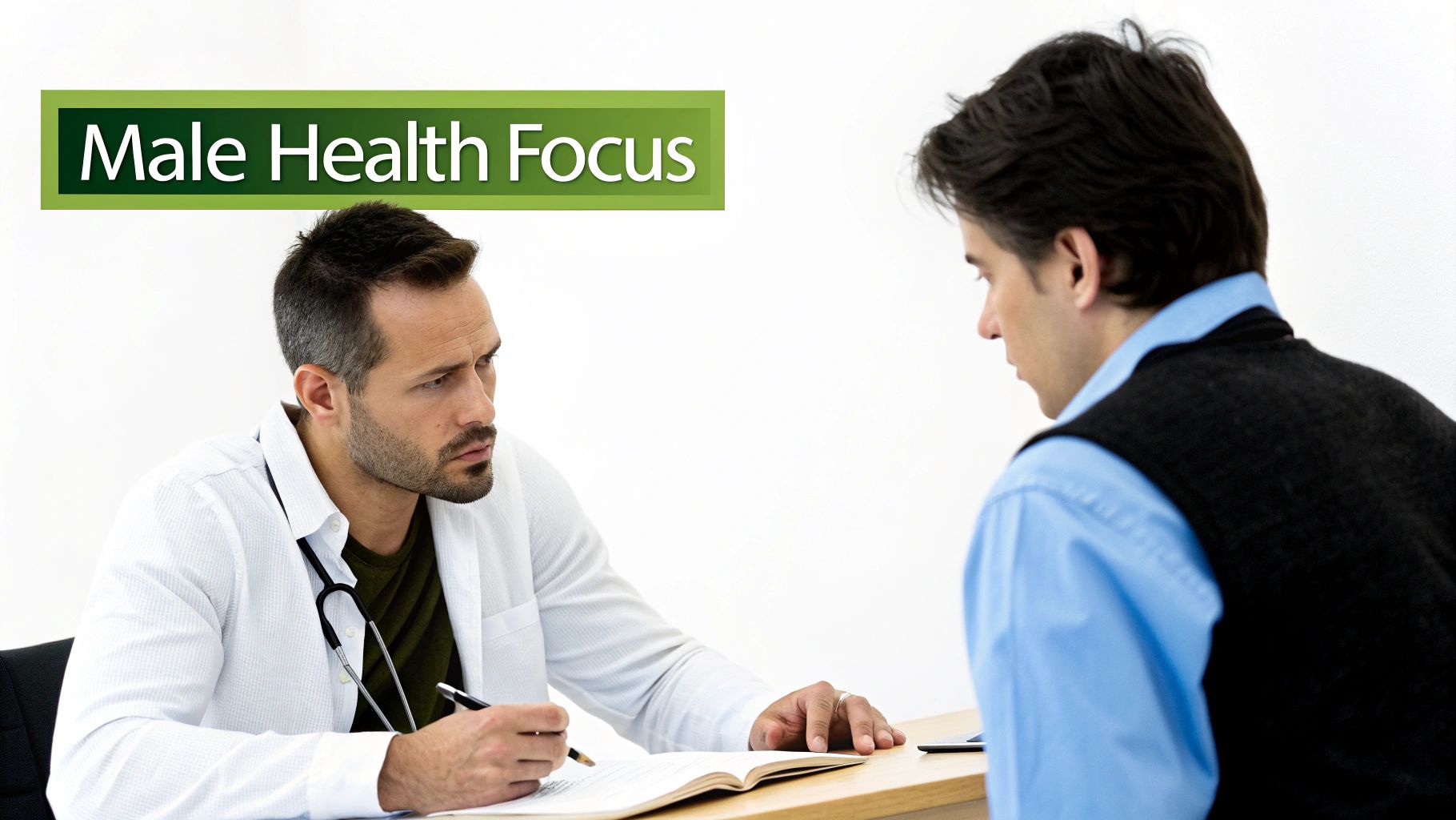 A male doctor in a white coat consults a male patient, with a 
