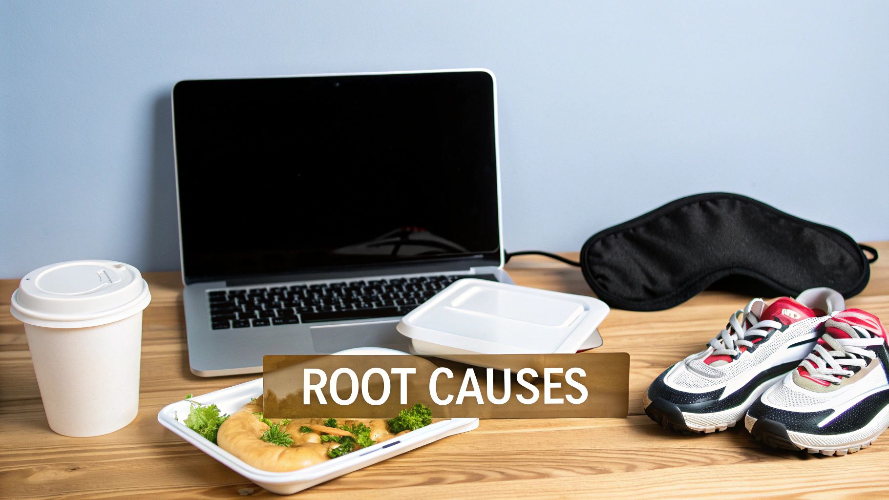 Desk with laptop, coffee, food container, sleep mask, running shoes, and 'ROOT CAUSES' sign.