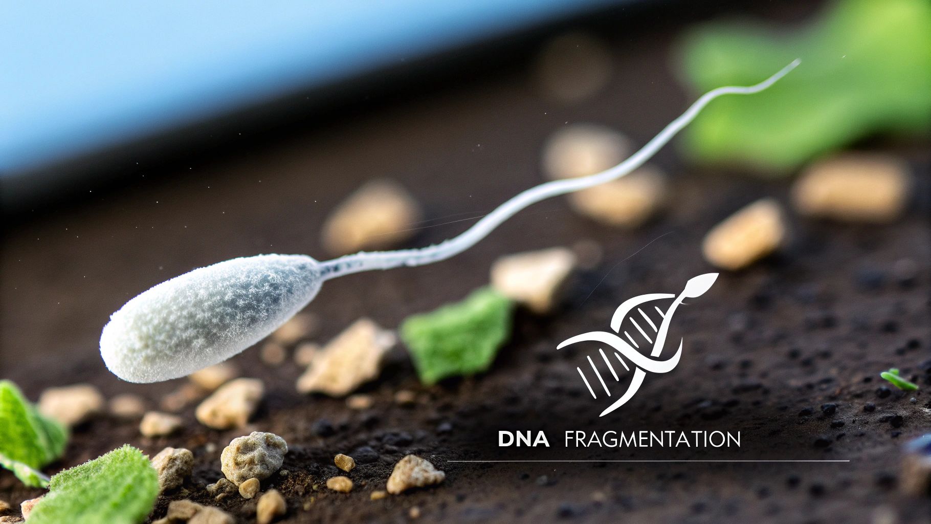 Microscopic image of a sperm cell featuring a DNA fragmentation logo and text.