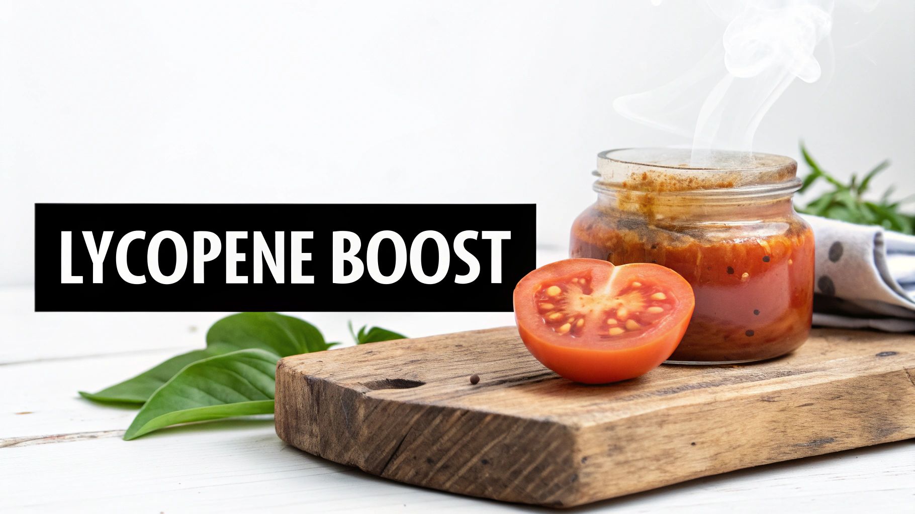 A halved tomato, a steaming jar of tomato sauce, and green leaves on a wooden board, featuring 'LYCOPENE BOOST' text.