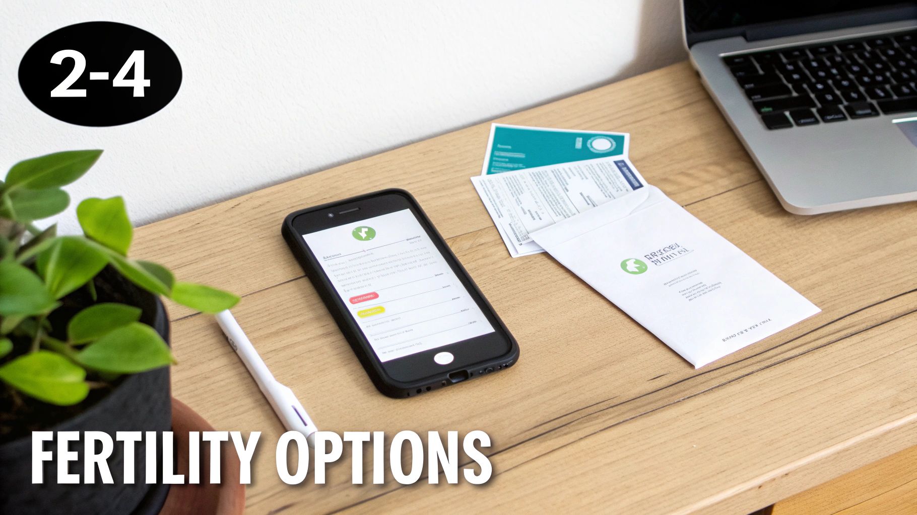 A wooden desk with a smartphone displaying a fertility app, a test stick, and documents, illustrating fertility options.