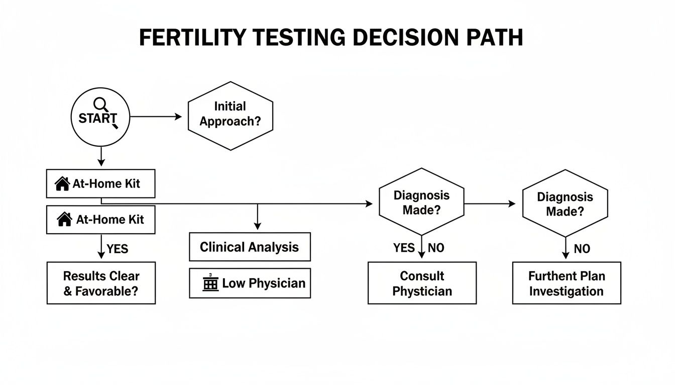Flowchart illustrating a fertility testing decision path, including at-home kits, clinical analysis, and physician consultation.