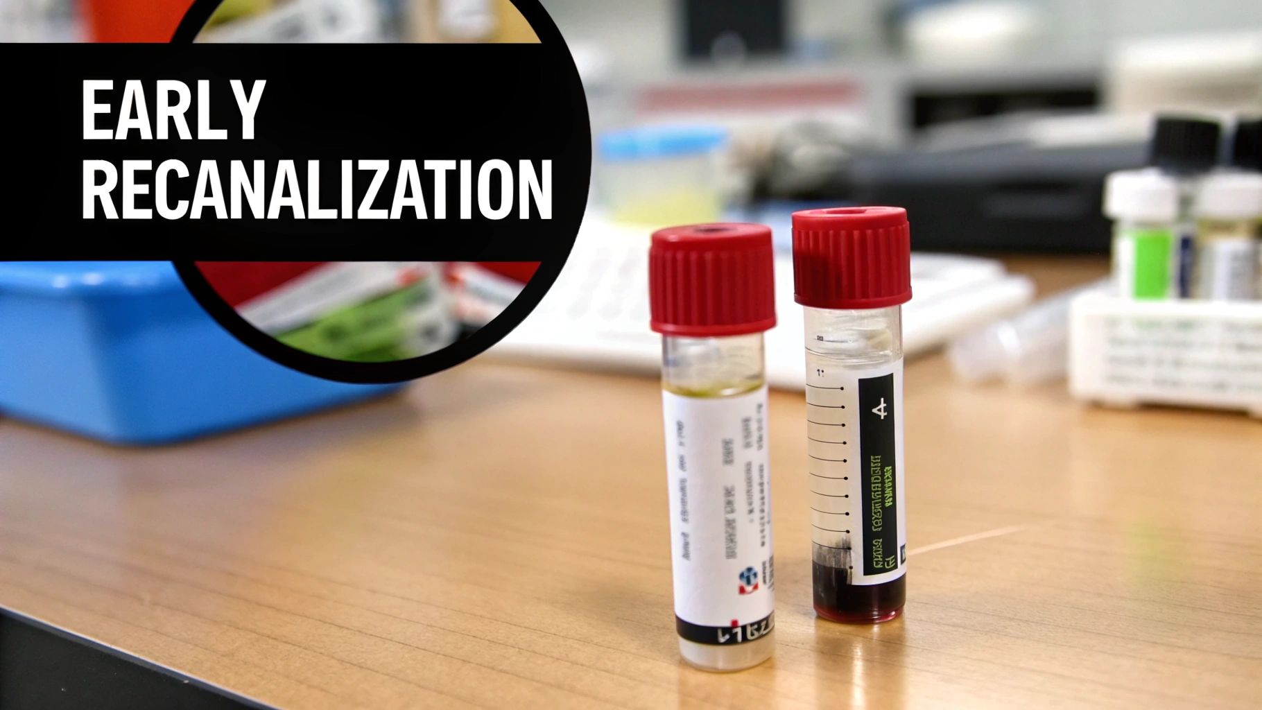 Two medical test tubes with red caps containing liquid and blood samples on a wooden table, with text 'EARLY RECANALIZATION'.