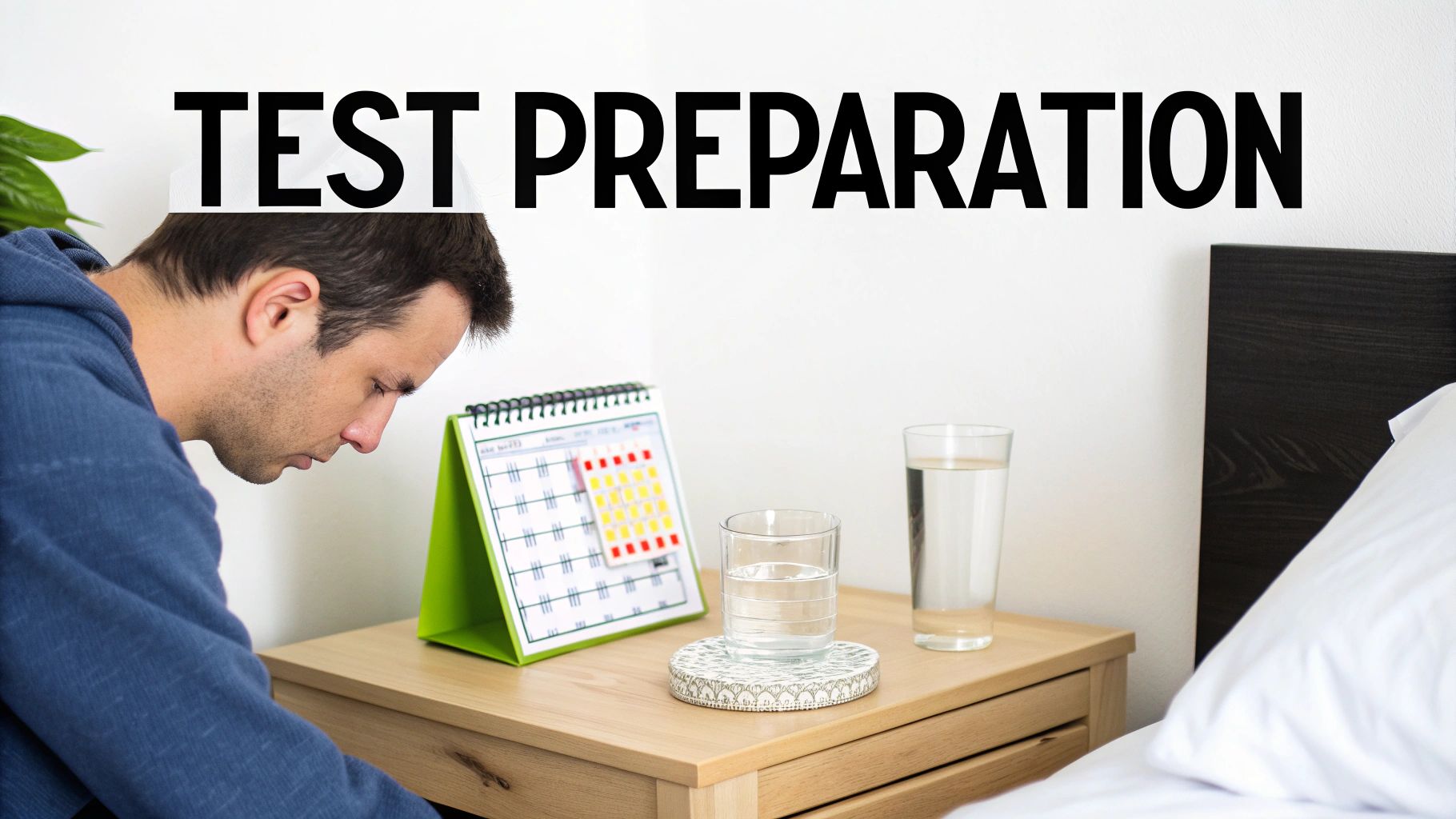 A man studies intently with a calendar and two glasses of water on his nightstand, preparing for a test.