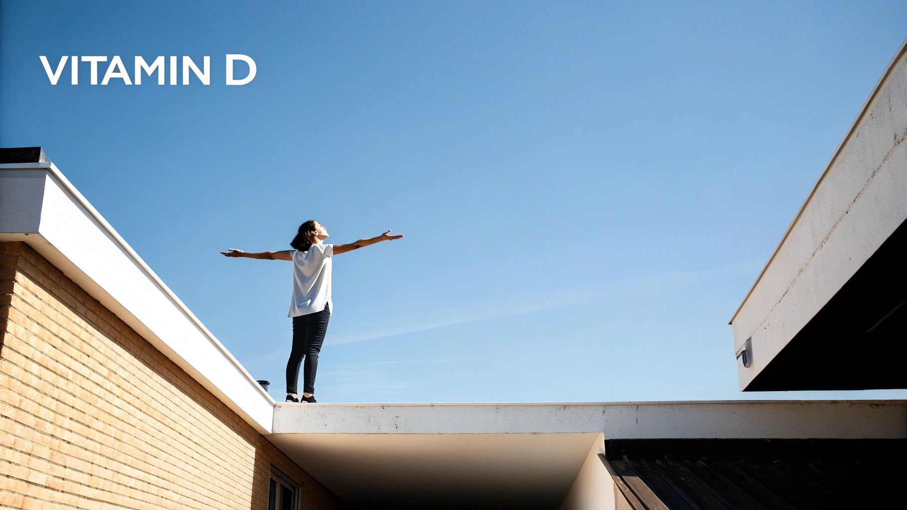 A woman on a rooftop with outstretched arms, enjoying the sun and clear blue sky for Vitamin D.