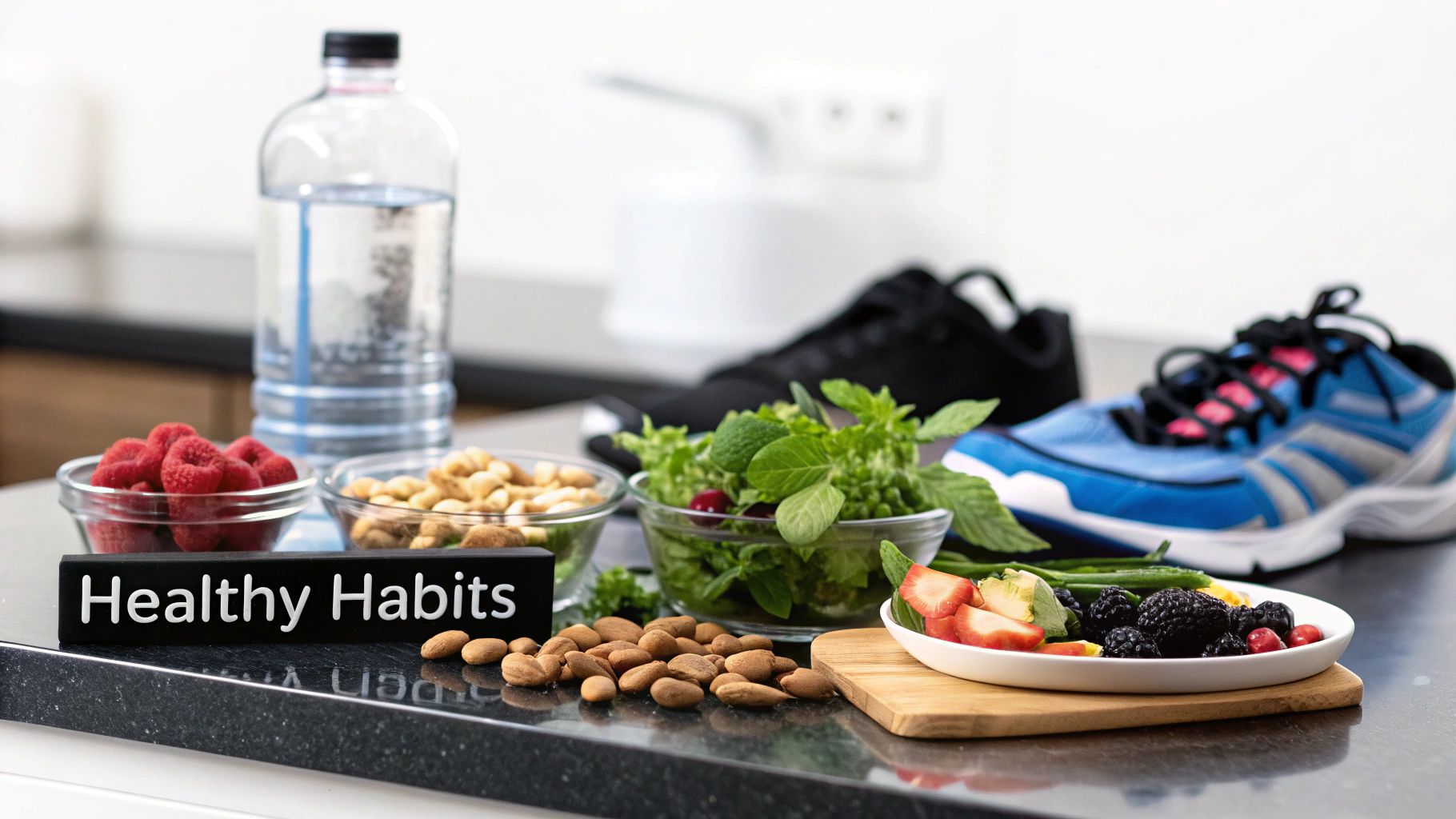 Healthy habits display with fresh fruits, nuts, water bottle, green vegetables, and athletic shoes.