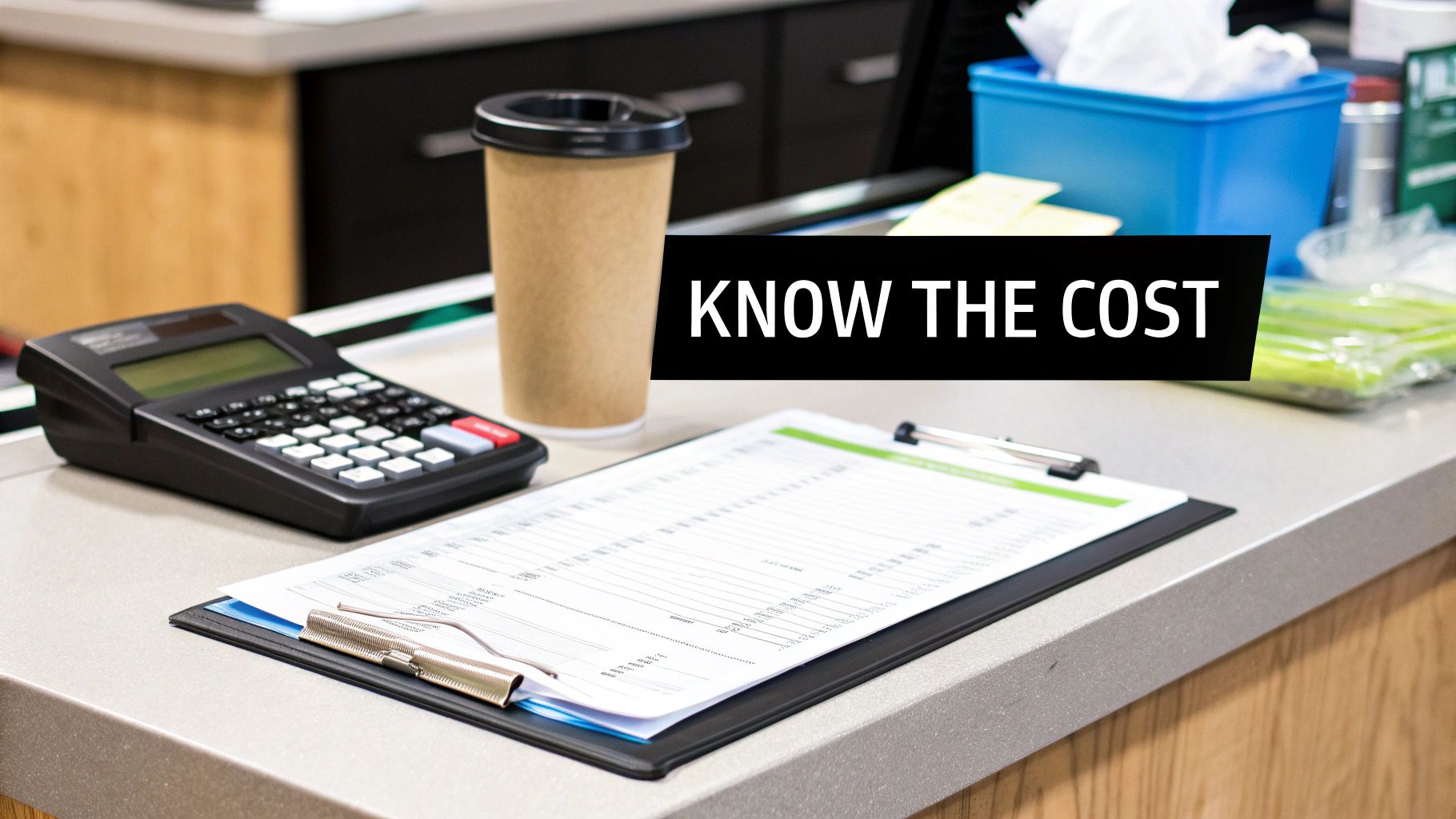 A calculator, clipboard with a document, pen, and coffee cup on a counter, with a 'KNOW THE COST' banner.