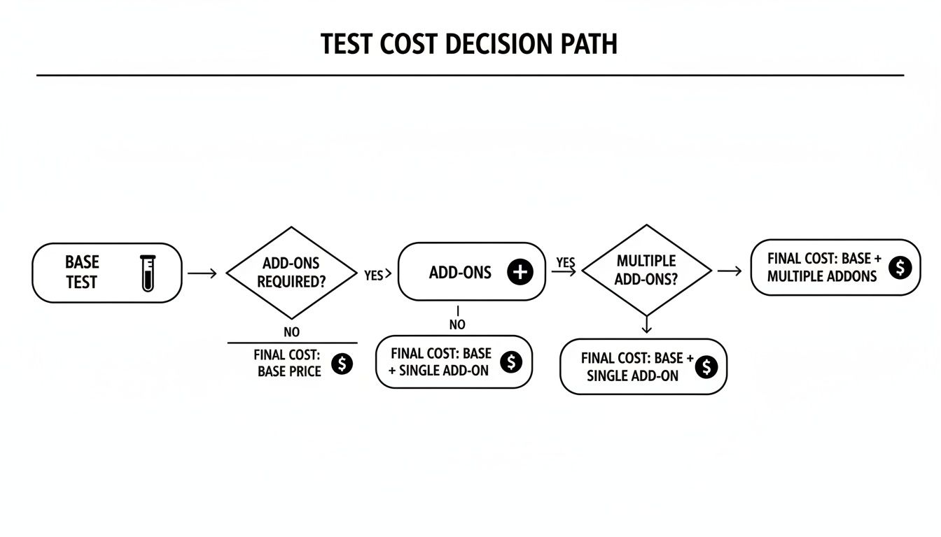 A flowchart titled 'Test Cost Decision Path' illustrates the calculation of test costs based on base price and add-ons.
