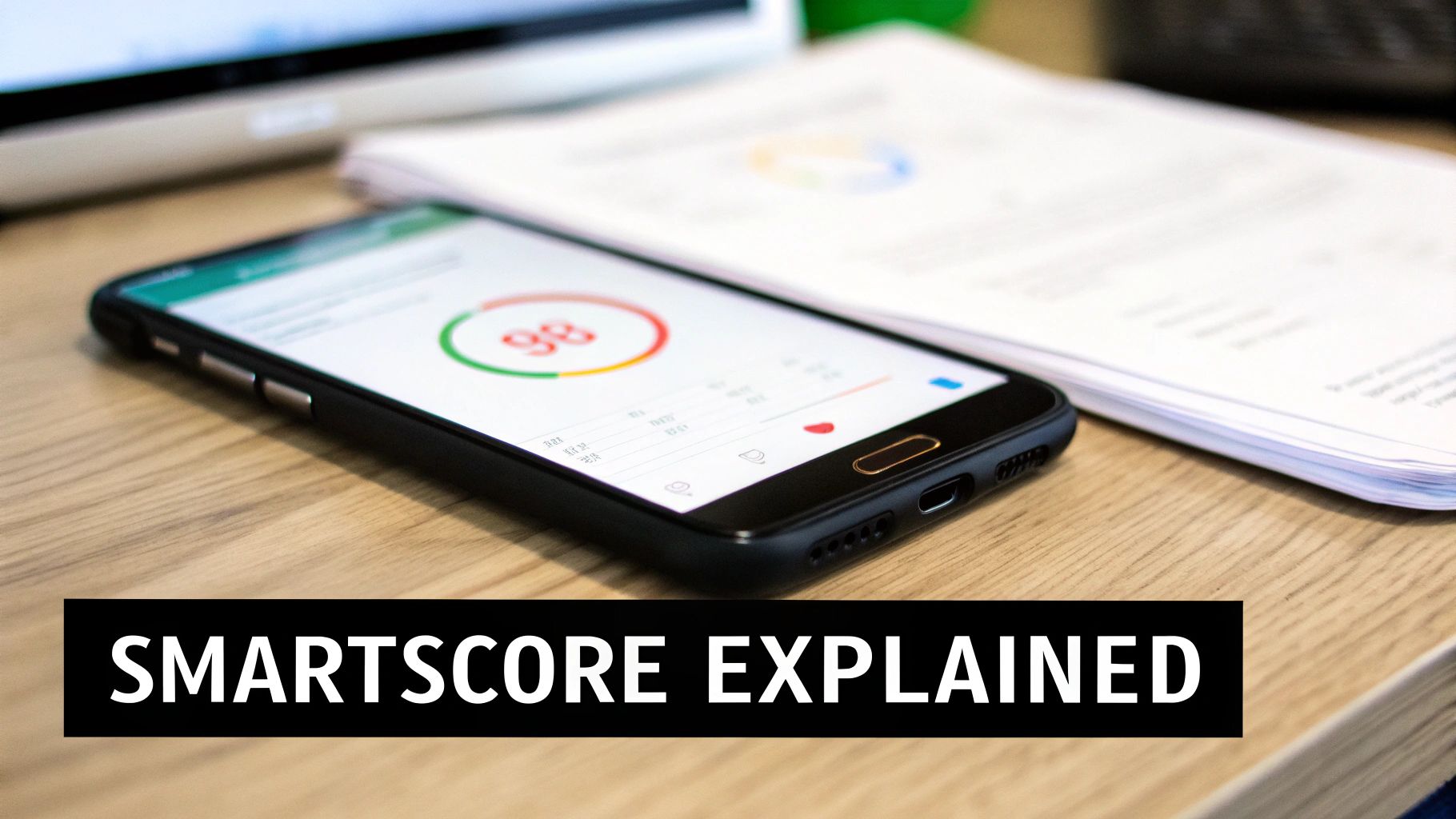 A smartphone on a wooden desk displaying a '98' smartscore, with 'SMARTSCORE EXPLAINED' text.