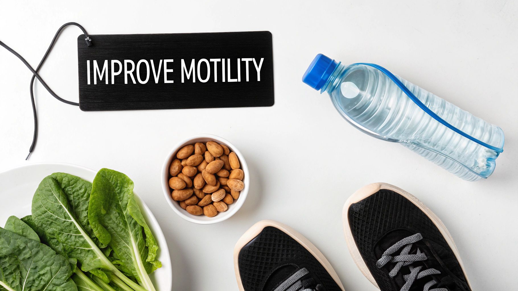 A flat lay of items for improving motility: a sign, spinach, almonds, water, and sneakers.