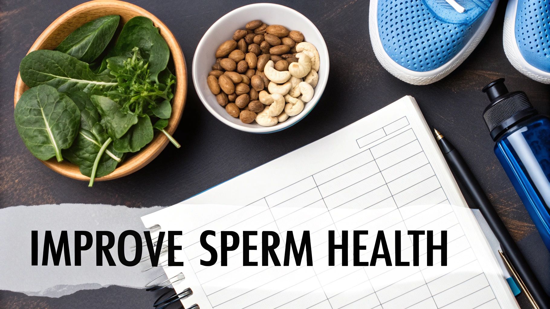 A flat lay featuring leafy greens, nuts, athletic shoes, and a notebook, promoting improved sperm health.
