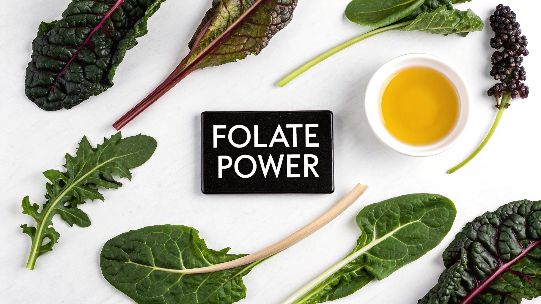 Overhead shot of various leafy greens, a small bowl of oil, and a black sign saying 