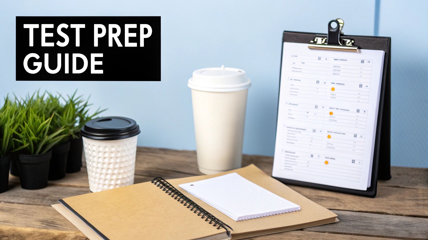A desk scene with a 'TEST PREP GUIDE' sign, coffee, notebook, and plants.