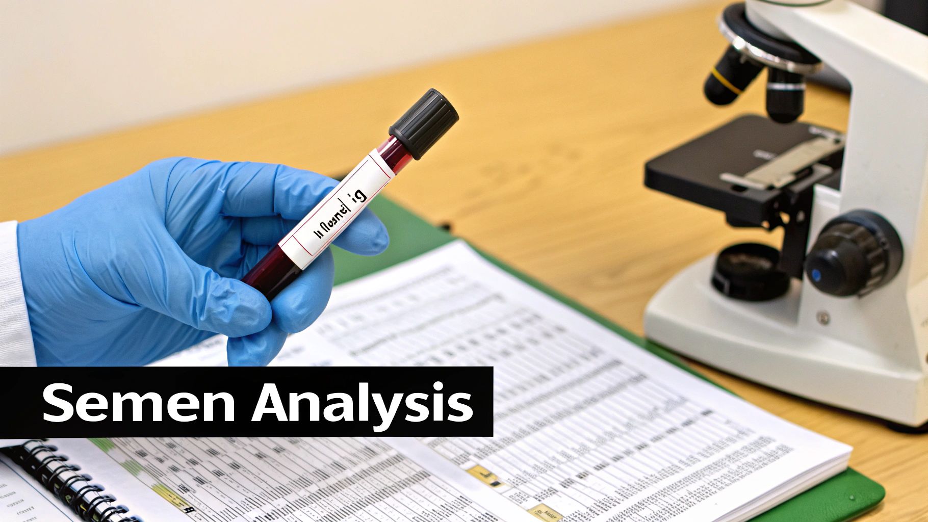 A gloved hand holds a blood sample tube, with a microscope and documents in the background, overlaid with 'Semen Analysis' text.