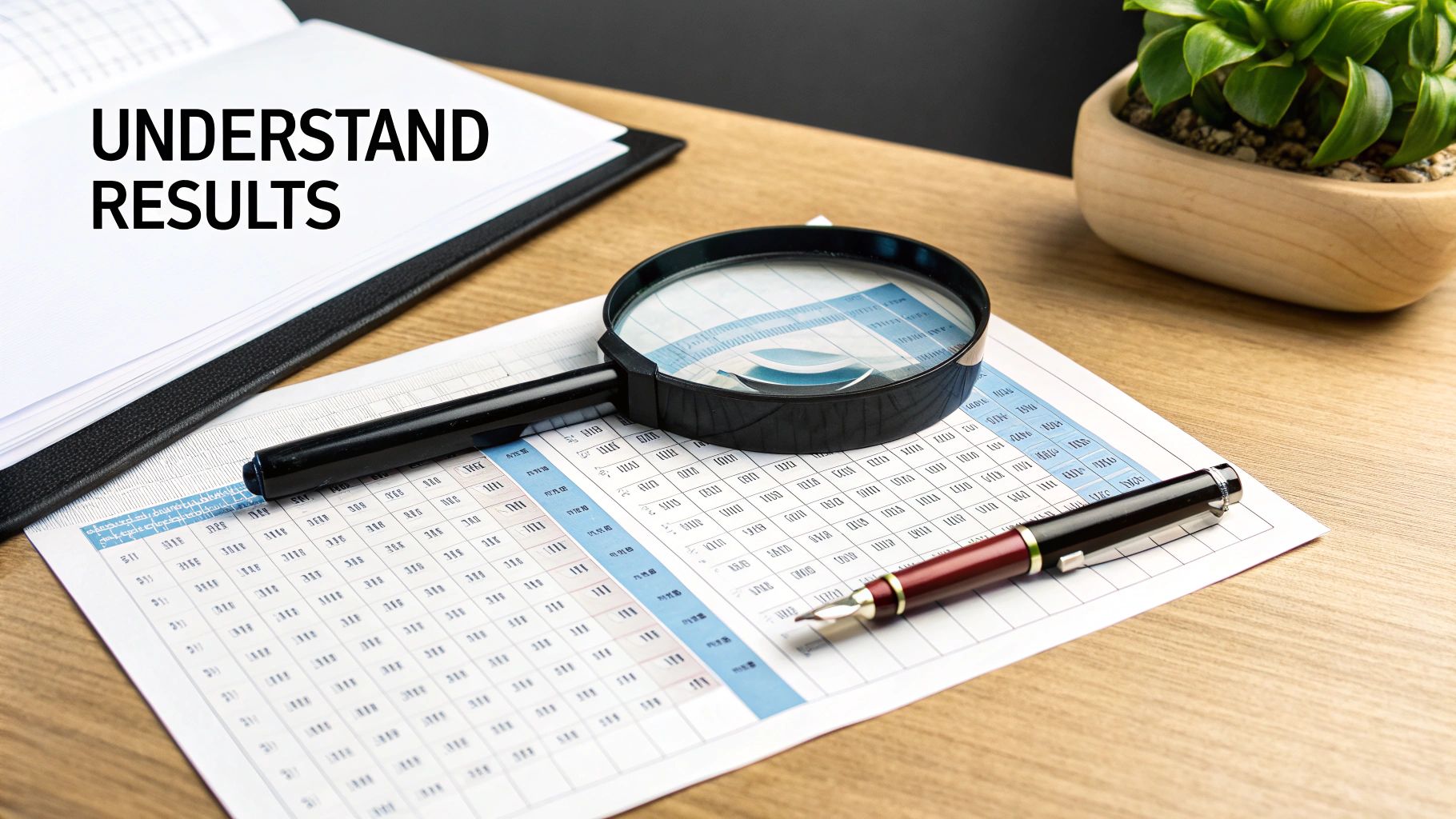 A magnifying glass and pen on a spreadsheet with 'UNDERSTAND RESULTS' text, symbolizing data analysis.
