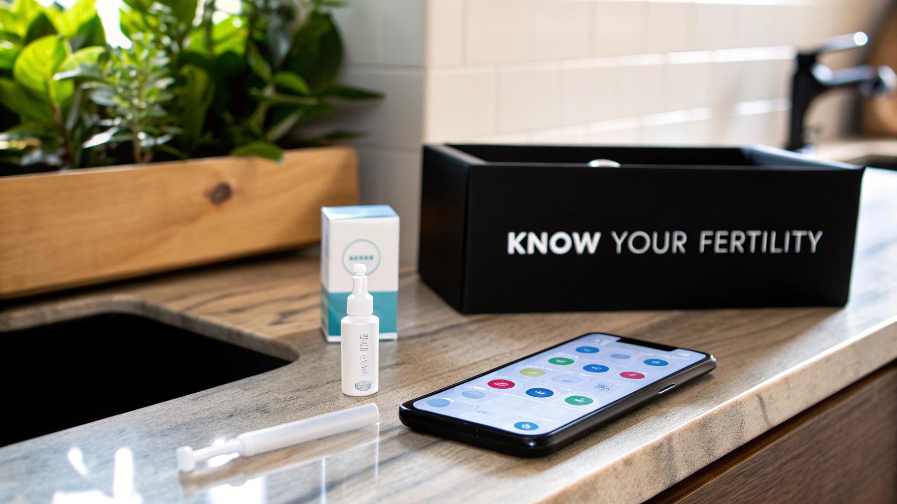 A home sperm analysis test kit on a kitchen counter with a smartphone and plant.