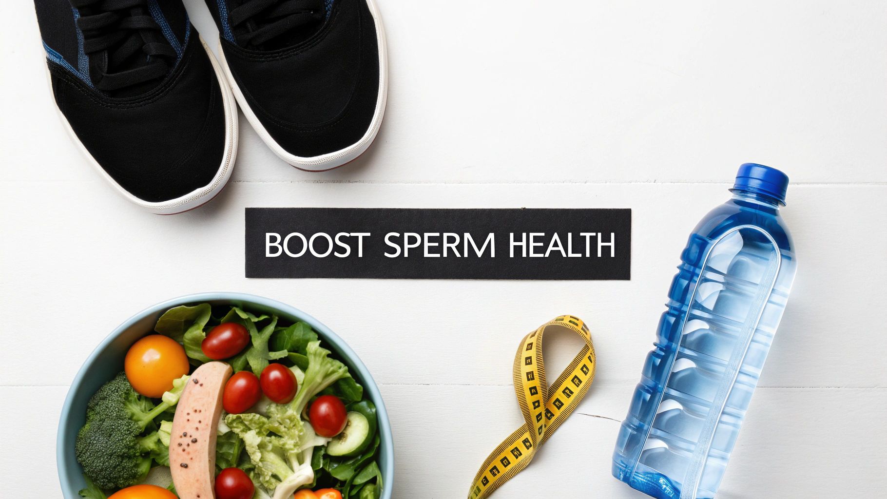 Overhead shot of healthy lifestyle items including sneakers, salad, water, and 'BOOST SPERM HEALTH' text.
