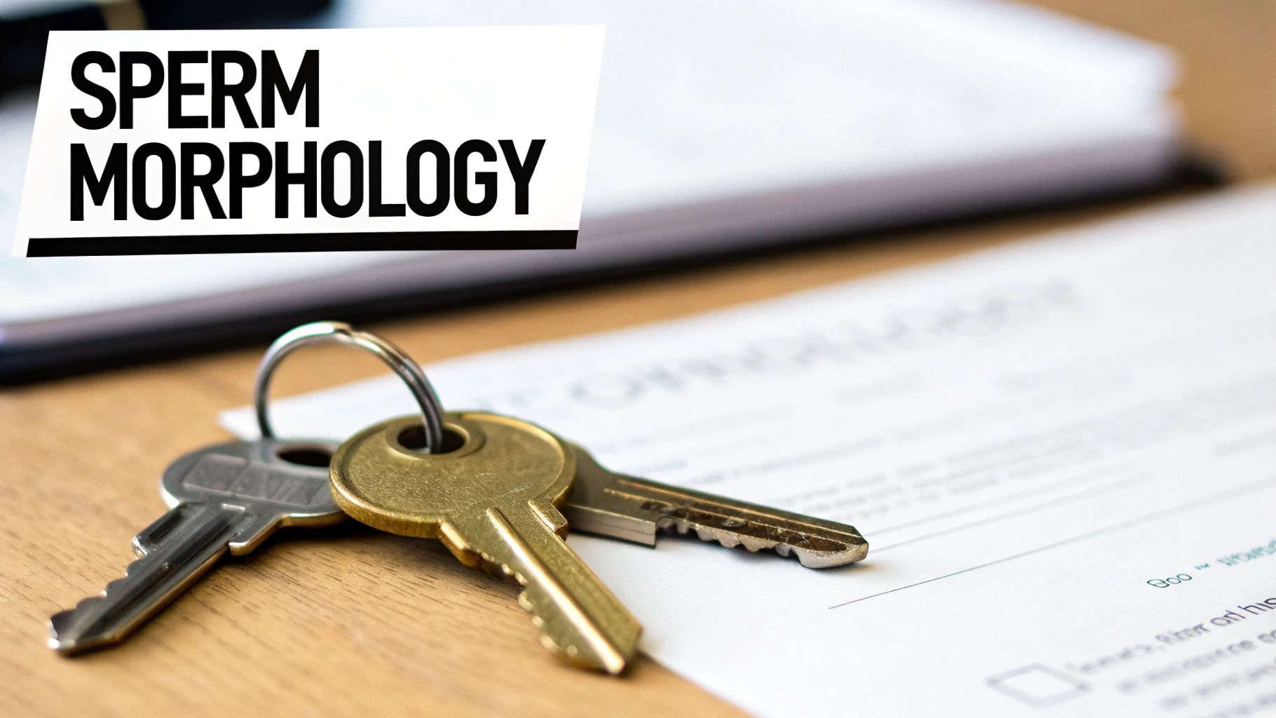 A white banner with 'SPERM MORPHOLOGY' text, keys, and documents on a wooden desk.