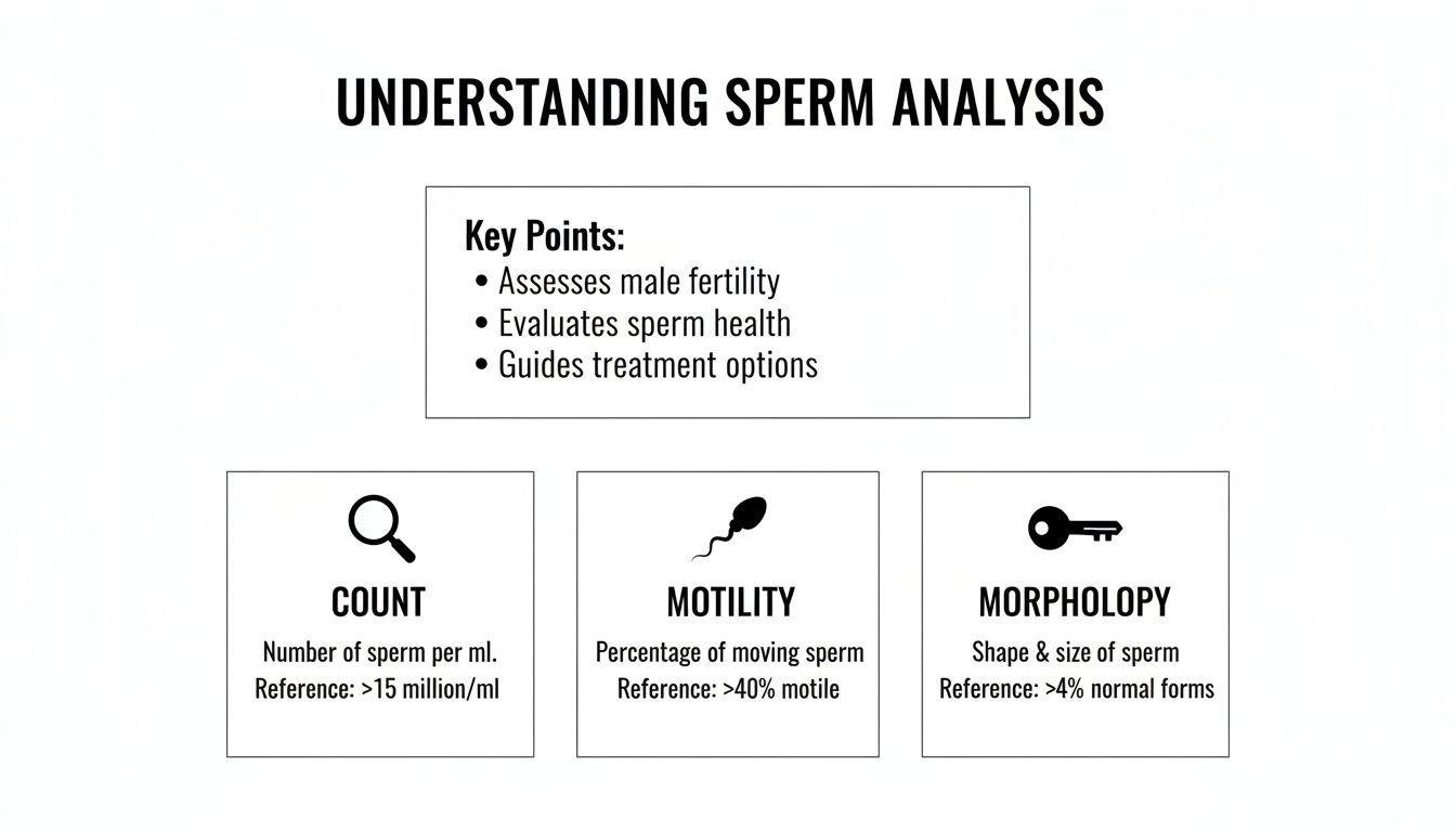 Infographic on understanding sperm analysis, detailing key points, count, motility, and morphology with reference values.